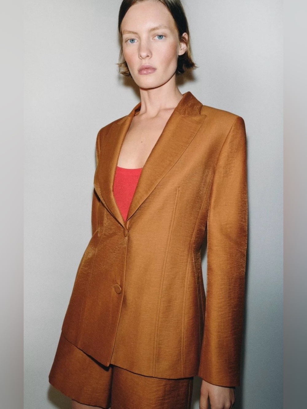 Zara NWT Camel Brown Linen Tailored Blazer | Fitted Quiet Luxury